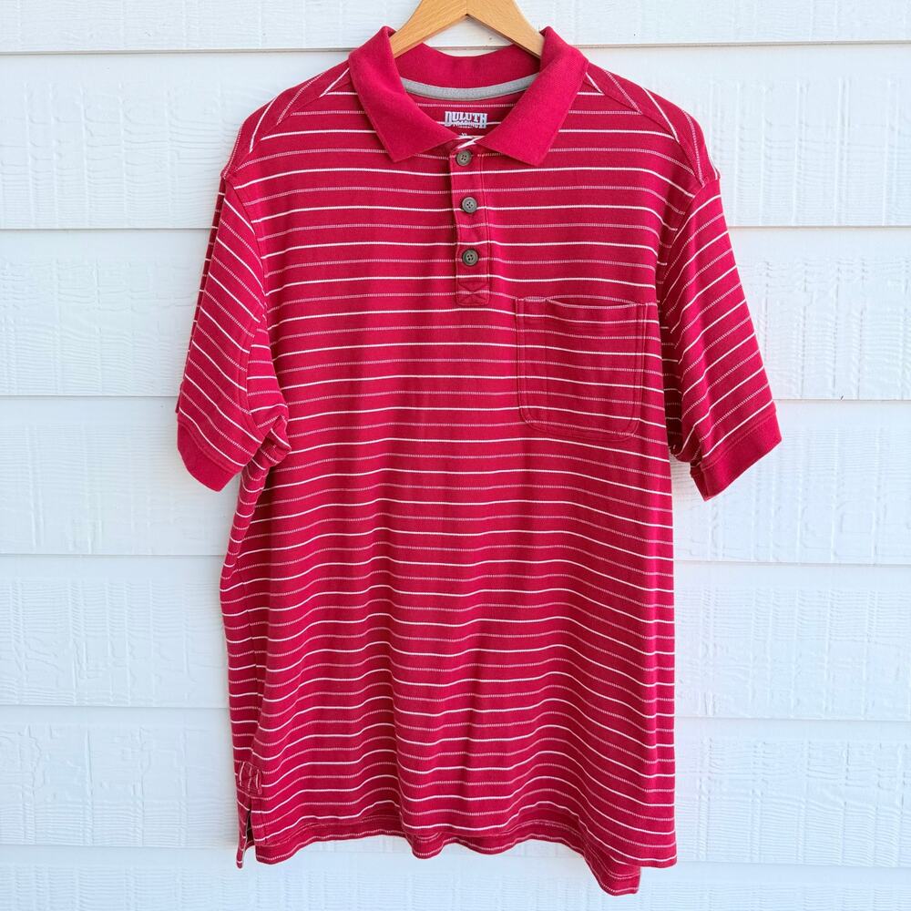 Duluth Trading Mens XL Red Stripe Cotton Polo Shirt Pocket